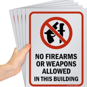 Screen Printed, 10 mil Polystyrene Plastic, Red/Black on White, 12 x 9 inch "No Firearms Or Weapons Allowed" Sign (5 Pack)